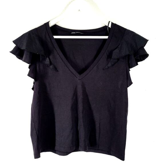 Zara Ruffle Sleeve T Shirt Black Sz Medium 100% Cotton - Picture 1 of 9